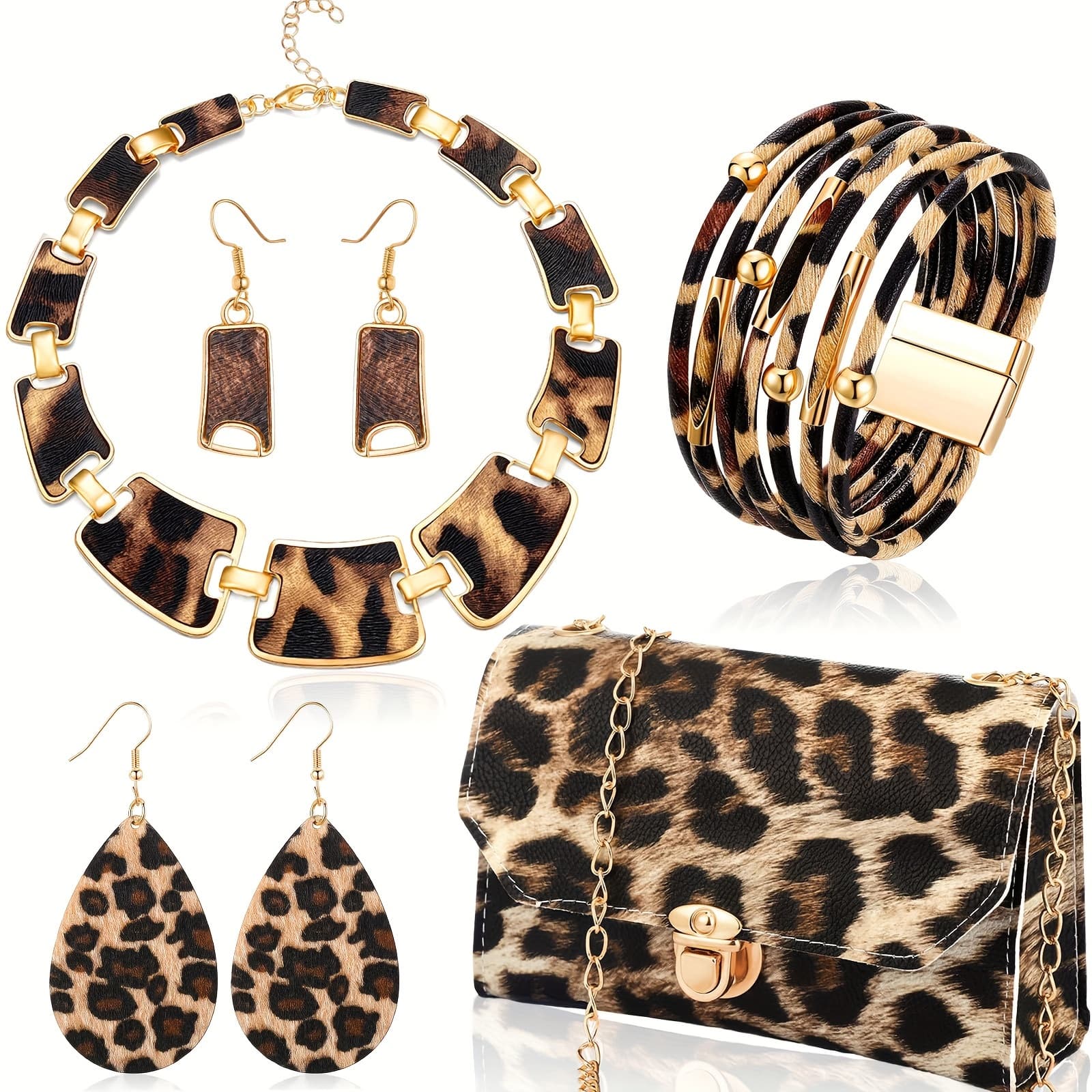 TEMU 7/ Pcs Set Bohemian Style Leopard Print Jewelry Sets - Accessories Including Necklaces, Earrings, Bracelets, And Handbags - Suitable For Daily And Vacation Wear