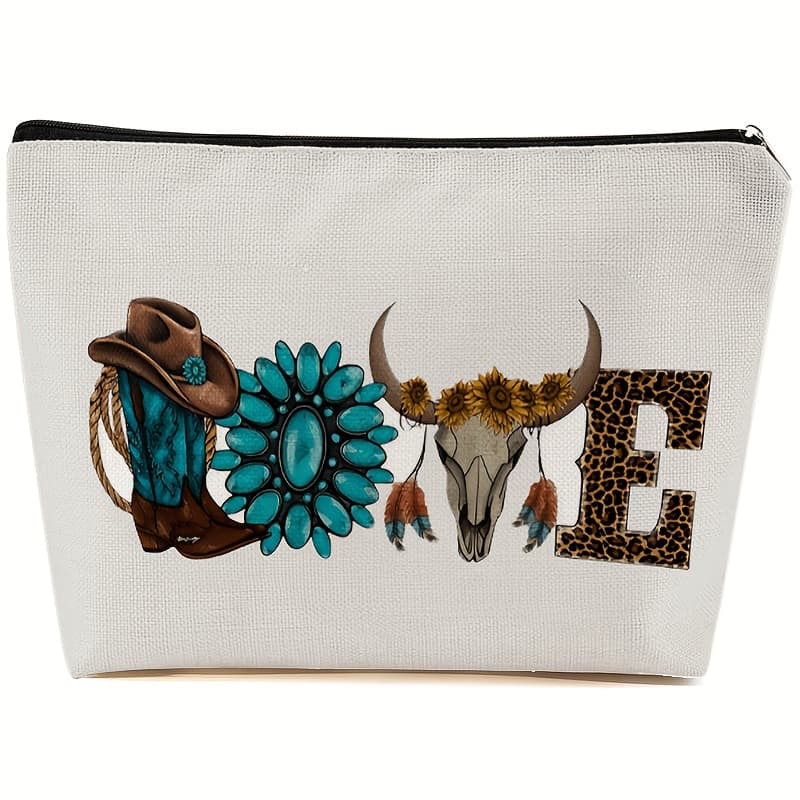 TEMU A Makeup Bag With A And Turquoise Decoration - Designed With 'love', This Polyester Makeup Bag For Women An Ideal Gift For , Graduations, Or Birthdays, Perfect For Bull-themed Gifts
