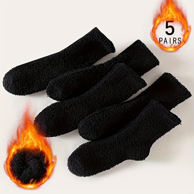 TEMU 5 Pairs Pack Autumn Winter Women's Thickened Coral Fleece Solid Color Versatile Soft Comfortable Warm Socks