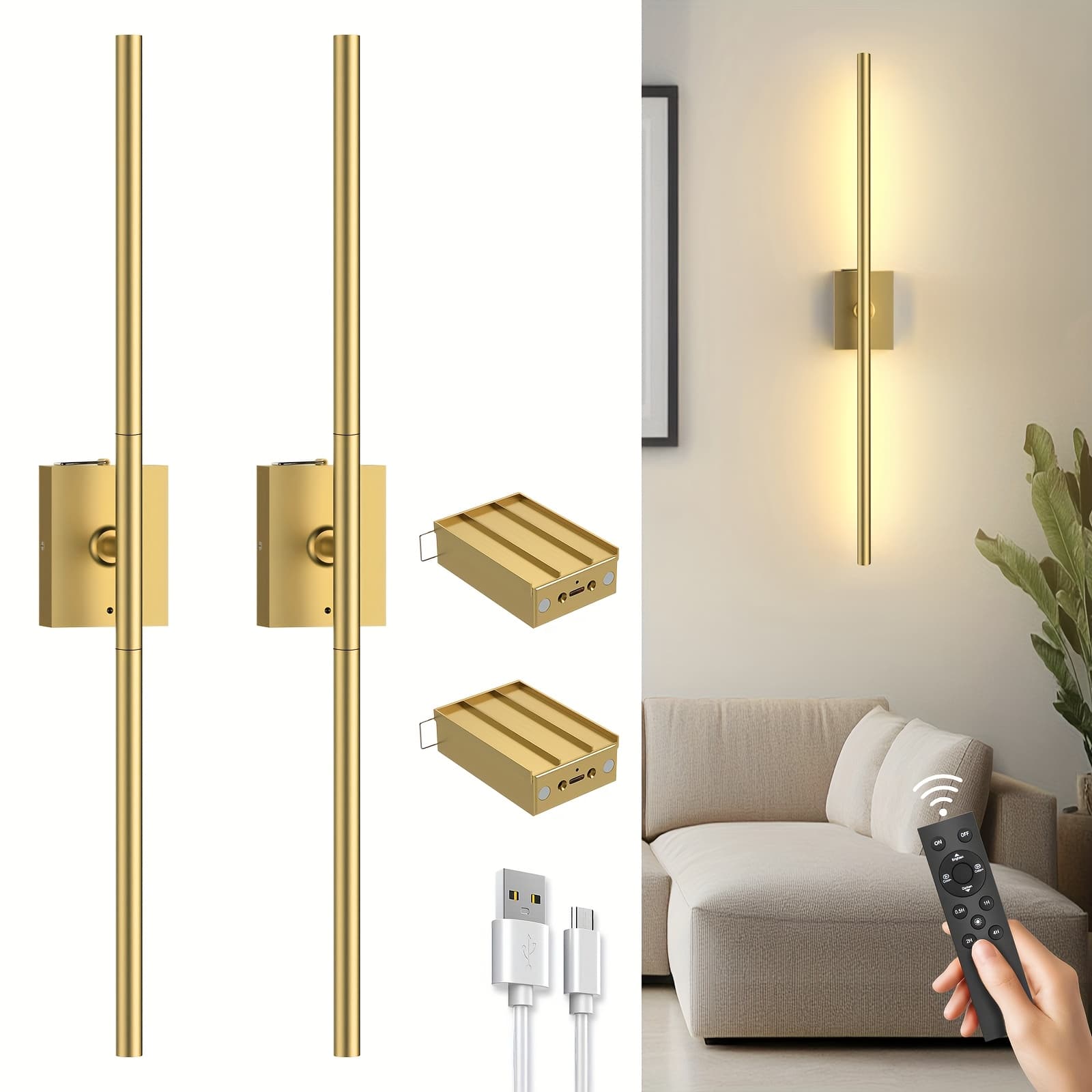 TEMU Set Of 2 Wireless Led Wall Lights With Remote Control - Adjustable Brightness From 3000k To 6000k, Battery-powered For Use In Bedrooms Or , Contemporary Picture Lighting For Walls