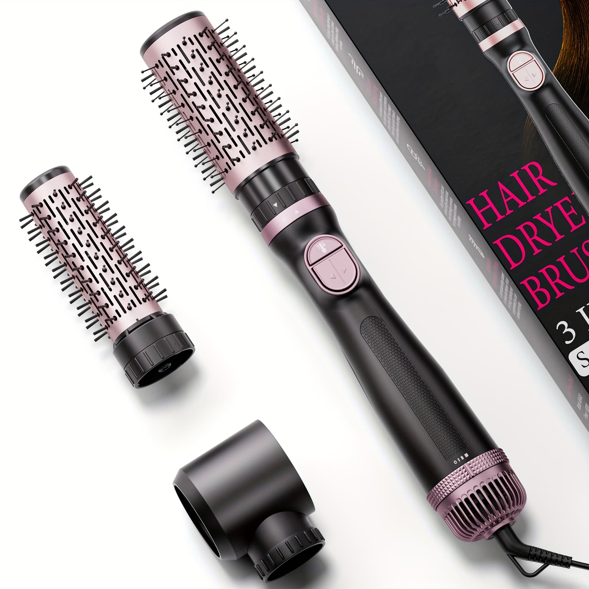TEMU 3-in-1 Rotating Hair Dryer Brush Blow Dryer With Interchangeable Heads For Straightening/drying/curling, Spinning Thermal Brush Blowout Set For Long Hair, Rose Golden