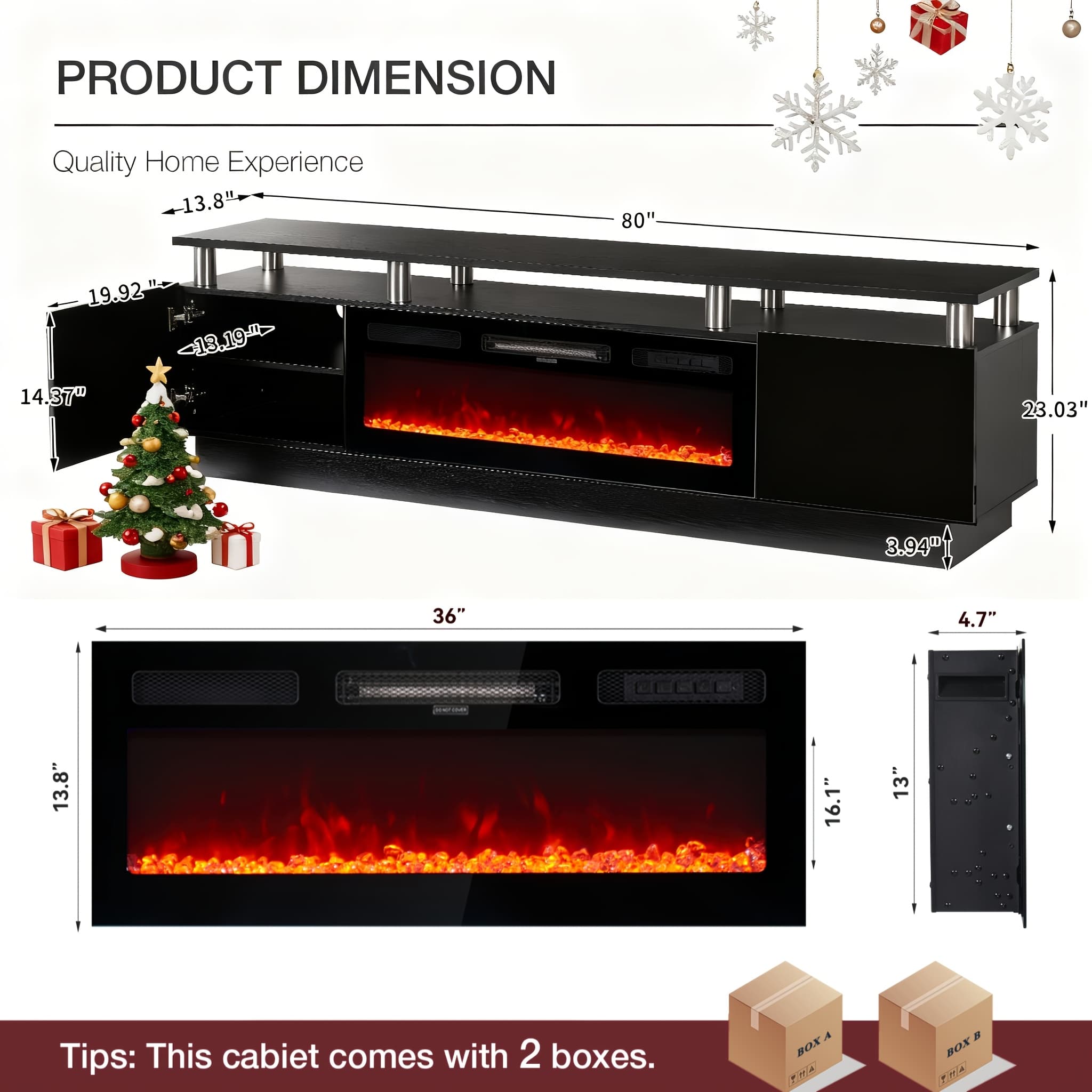 TEMU Black Fireplace Tv Stand With 36" Electric Fireplace, 2 Console For Tvs Up To 90", Led Light Entertainment Center, Living Room Fireplace Tv Stand, 80''