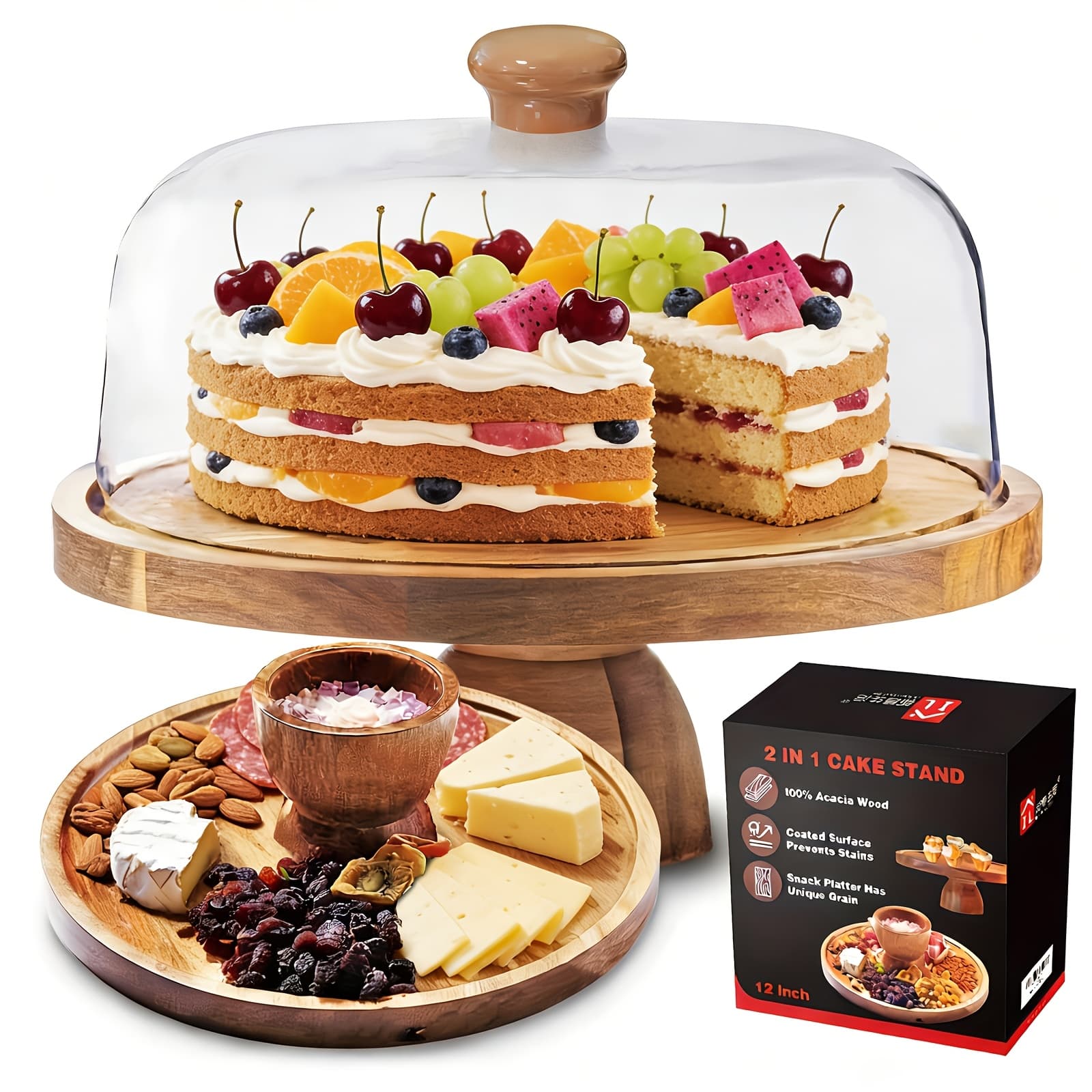 TEMU 2in1 Acacia Wood Cake Stand With Acrylic Dome, Suitable For Parties And Weddings, Can Display , Cheese, , Snacks, Desserts And Fruits