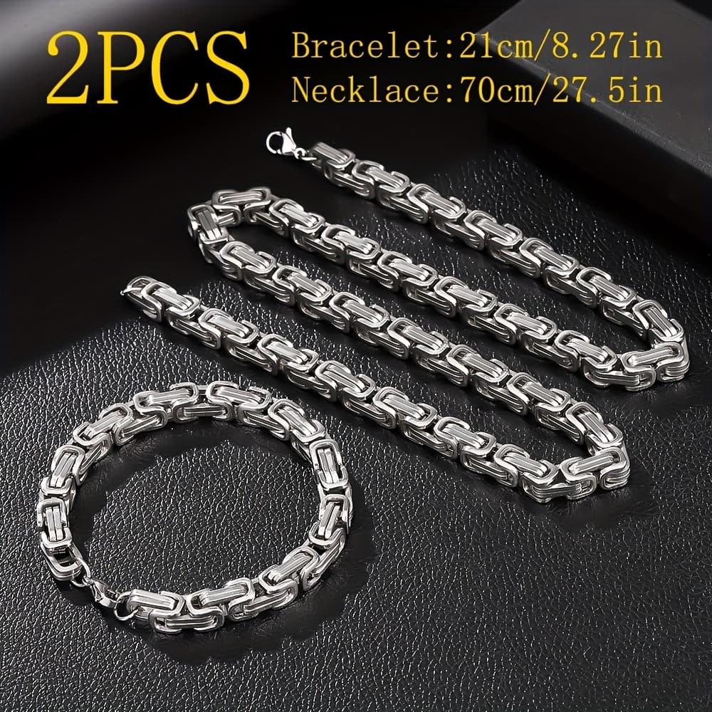 TEMU 2pcs Men's 304 Stainless Steel Jewelry Set: U-necklace, Byzantine Chain Necklace + 5mm Wide 304 Stainless Steel Bracelet
