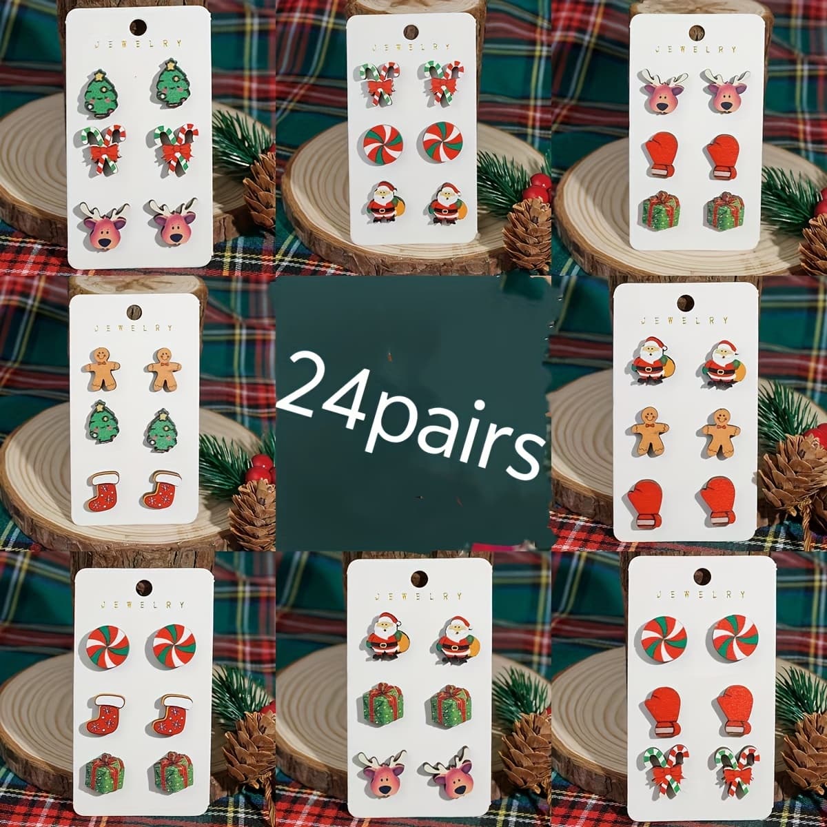 TEMU 24pairs (8sets) Of Christmas Stud Earrings, Wooden Jewelry Christmas Tree Santa Claus Candy Sock Gift Elk Design Lightweight Female Earrings.