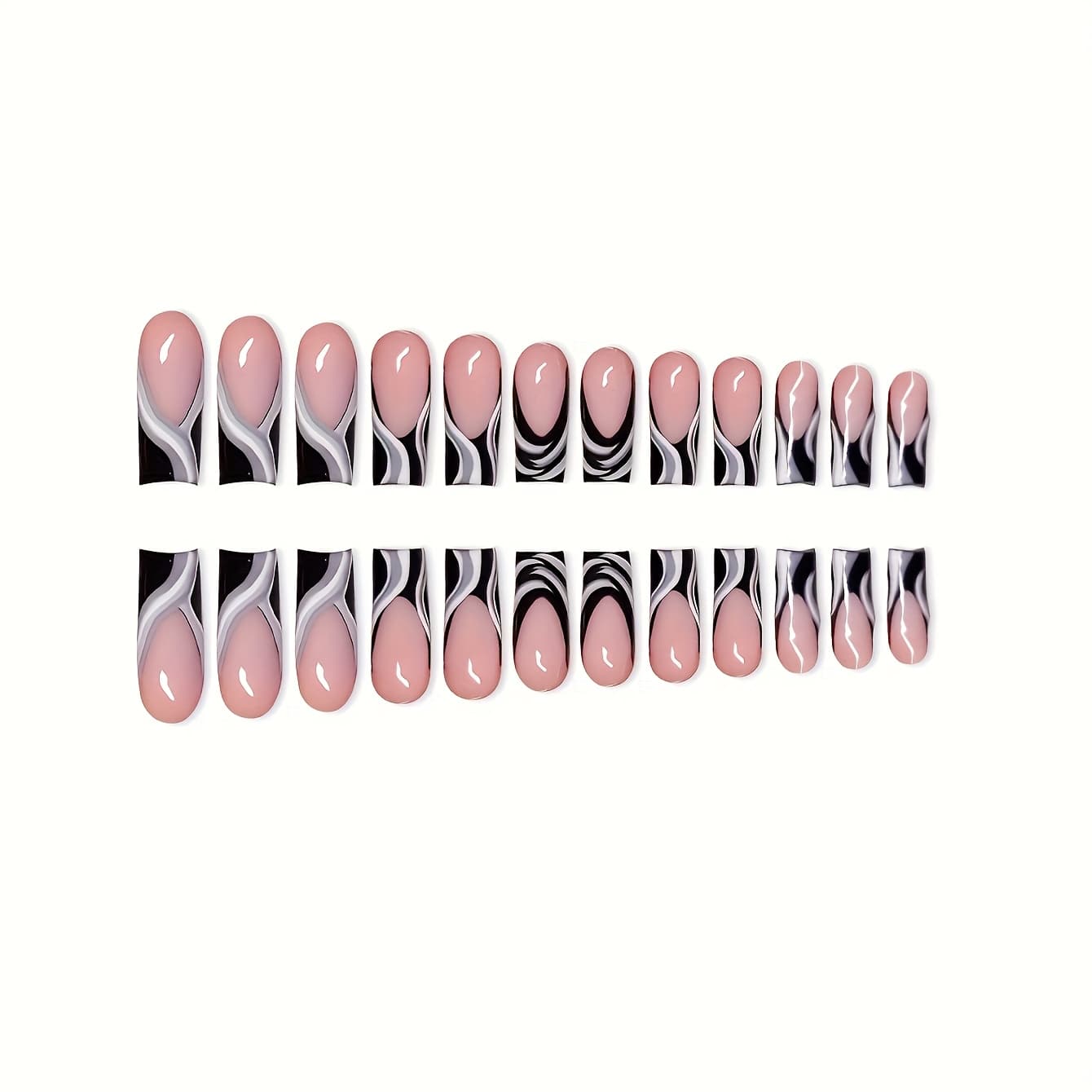 TEMU 24pcs Y2k -on Nails Suitable For Women & - Long Square Full-coverage Reusable False Nails With Glossy, Swirl & French Tip, Gel Glue & Nail File Included For Parties, Daily Wear,