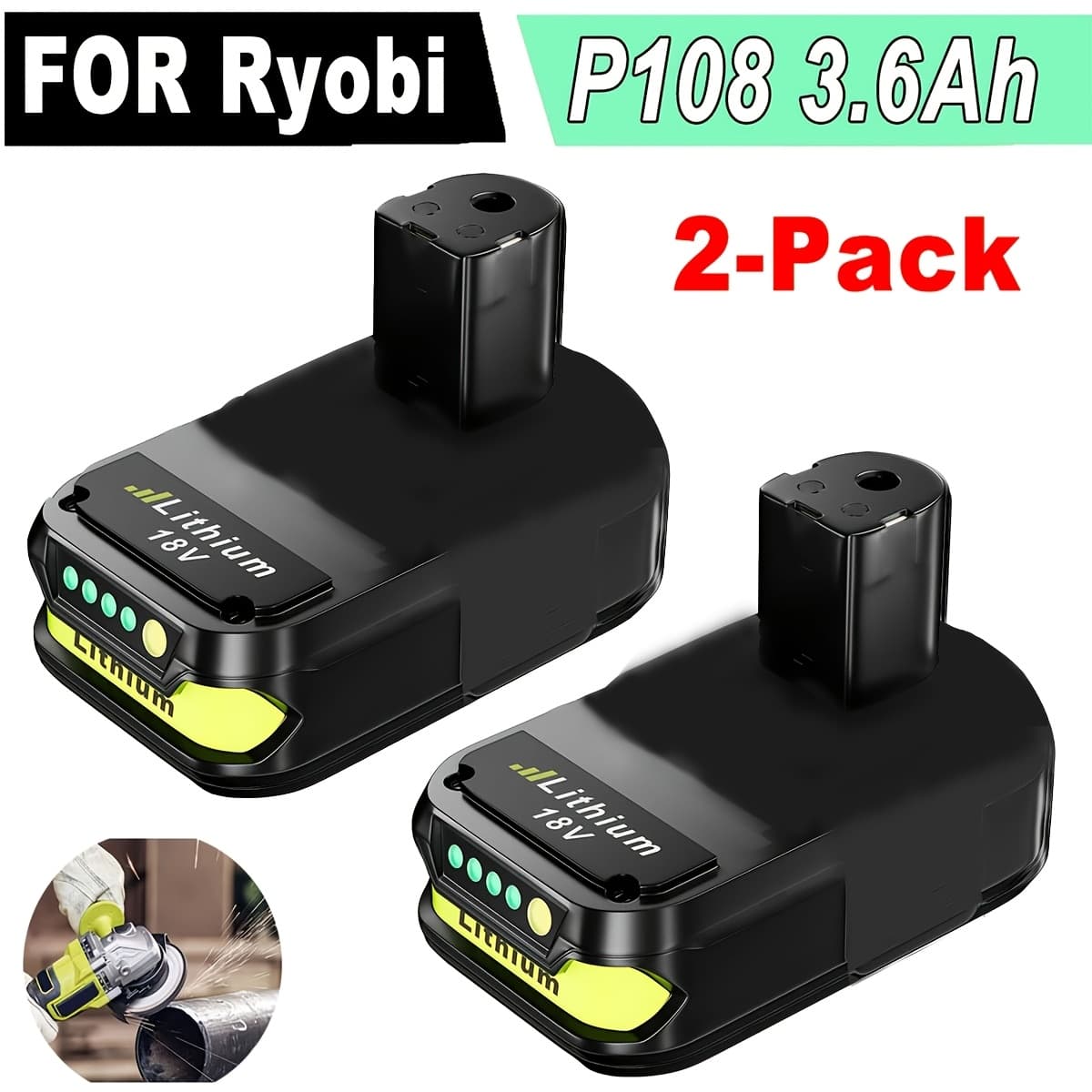 TEMU 3.6ah 18v 2 Pack P108 Replacement Battery For Ryobi 18 Volt 3600mah High Capacity Batteries Replace For Ryobi 18v P104 P105 P107 P108 P109 Batteries