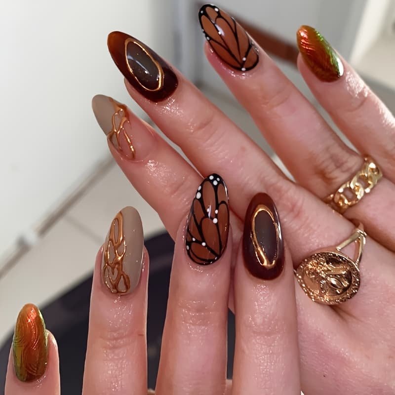 TEMU 24pcs Almond Press On Acrylic Nails Medium Surface Glossy Brown Fake Nails Reusable With Hand-drawn Wing Of The And 3d Golden Retro Y2k Style For Woman Daily Wear Festival Party