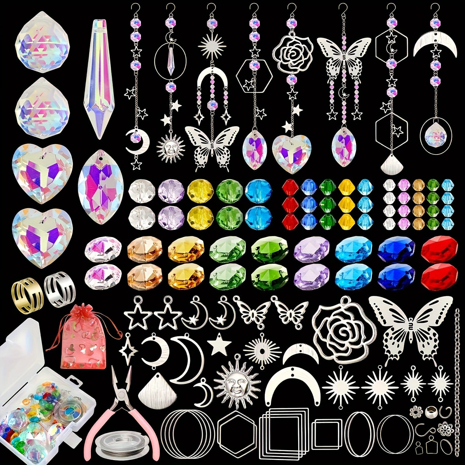 TEMU 600pcs Diy Light Catcher Making Kit Catcher Hanging Decorative Arts And Crafts Supplies Set With Crystal Beads, Pendants, Pendants, Hooks, Chains, For Indoor Wedding Garden Decoration