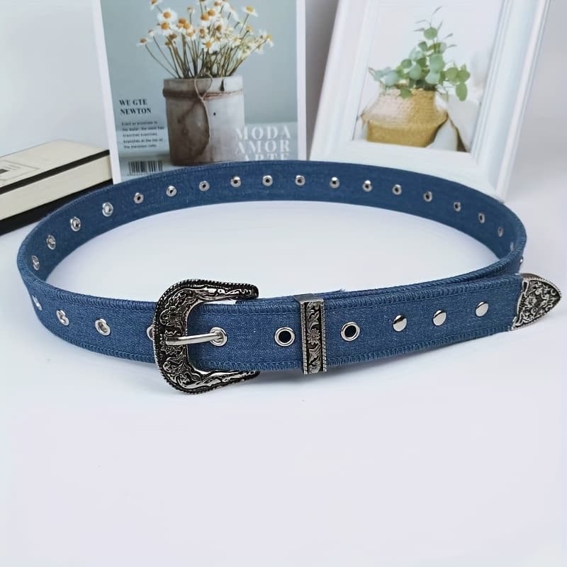 TEMU 2025 New British Style Alloy Rivet Chain Canvas Denim Spicy Retro Women's Belt
