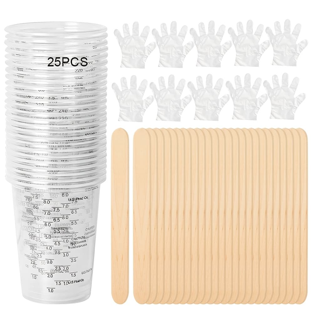 TEMU 100/50/25pcs 8oz Graduated Clear Plastic Measuring Cups With 100/50/25pcs Wooden Stirring Sticks With 40/20/10pcs Disposable Gloves For Mixing Paint, Pigments, Epoxy Resins