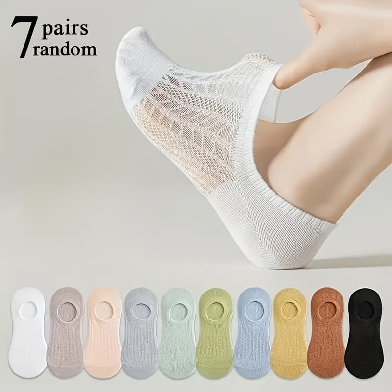 TEMU 7-pair Women's Summer Thin No-show Socks, Solid Colors (random Assortment), Low-cut Invisible Breathable Mesh Short Socks For Women