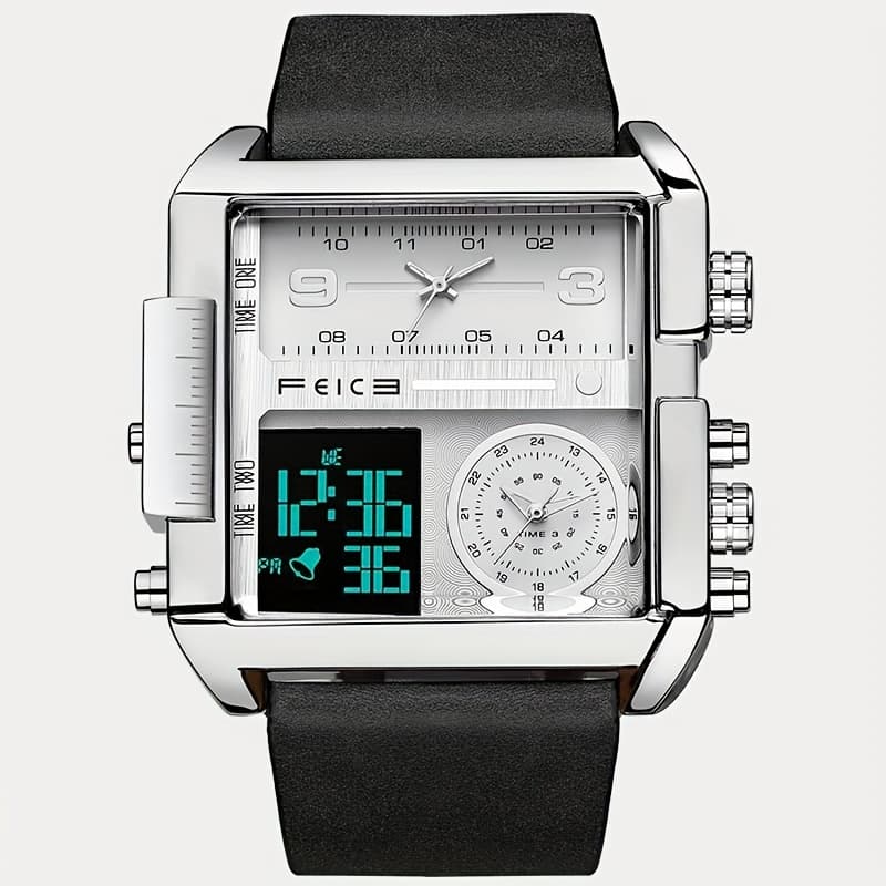 TEMU Men's Watch Digital Led Quartz Watch 50mm Large Dial Square Men's Watch Multifunctional Sports Men's Watch Luminous Alarm Clock Timer 24h Calendar Black Calfskin Strap Men's Gift Holiday Gift