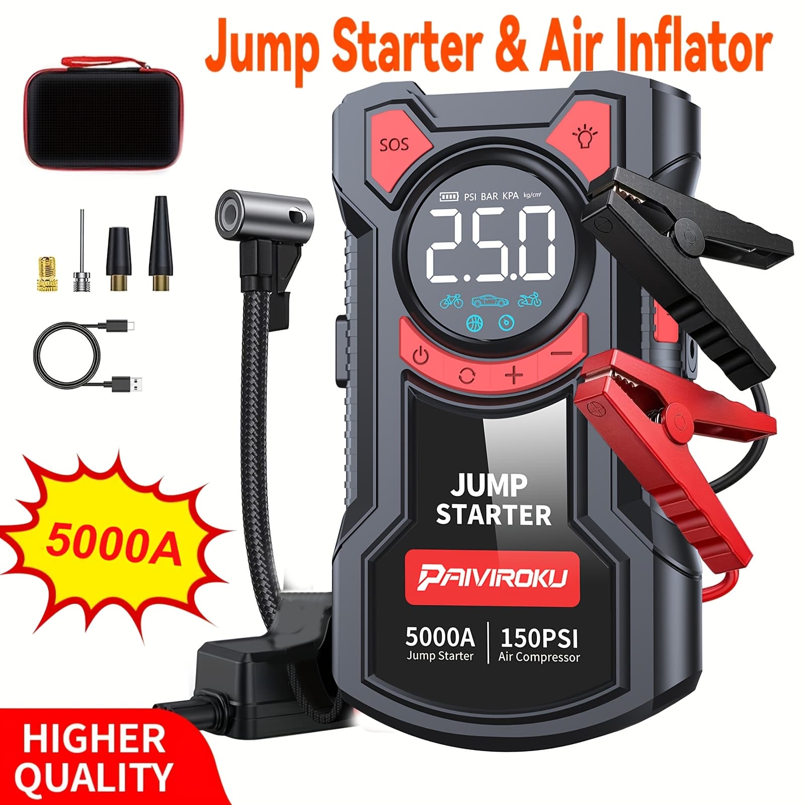 TEMU Jump Starter With Air Compressor, 150 Psi Car Air Compressor & 5000a Car Jump Starter (2.64 Gallons Of Gasoline, 2.38 Gallons Of ) With Led Light, Power Bank Function.