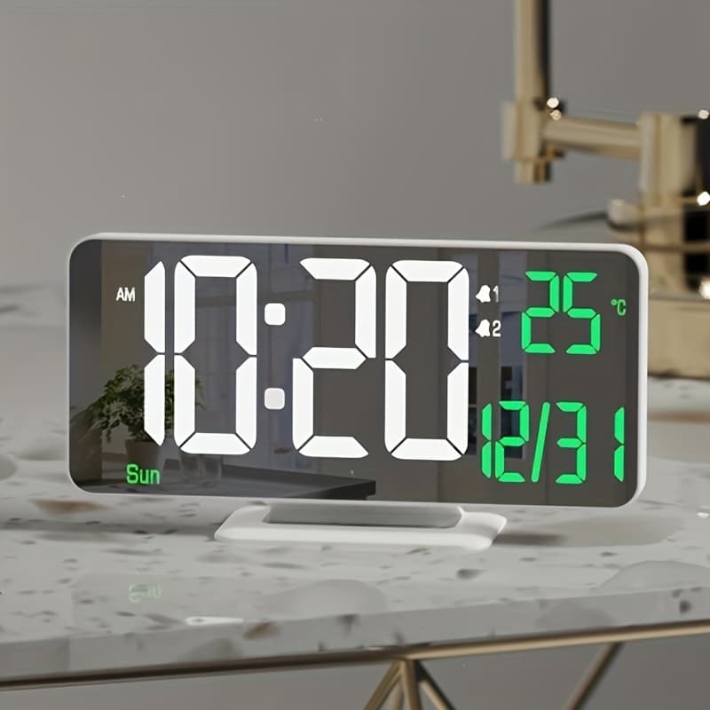 TEMU 1pc Alarm Clock For Bedroom, 6. 7" Desk Digital Clock, Led Clock, Mirror Clock, Dual Alarm Clock For Living Room With Seconds, Date, Week, 12/24h, Dimming