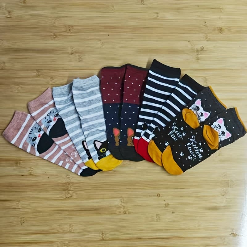 TEMU 5 Pairs Of Women's Cute Cartoon Cat And Dog Socks, Christmas Socks, Novelty Socks, Cute, Breathable, Comfortable, Fashionable, Versatile, Elastic, Gift For Women