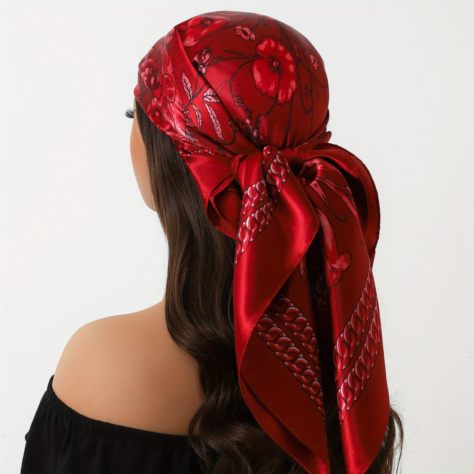TEMU A Ladies' Spring And Autumn Elegant Bright Satin Chain Printed Square Scarf, Fashionable, Smooth, And Lightweight Headscarf, Suitable For Daily Life