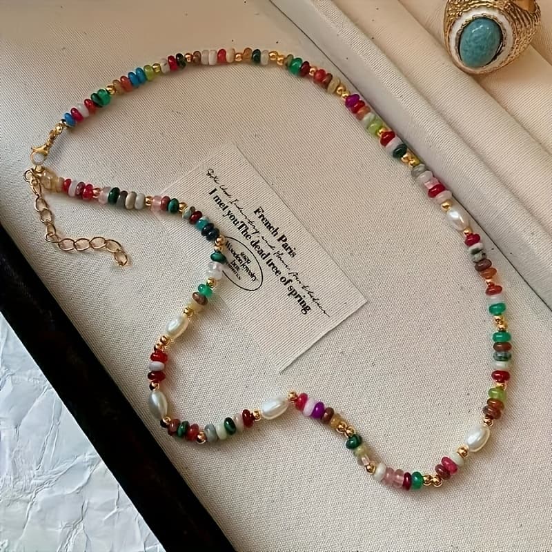 TEMU Ethnic Style Gemstone Splicing Necklace, 1pc Suitable For Elegant Ladies' Daily , Social Activities, Jewelry Gifts To Enhance Overall Styling Style