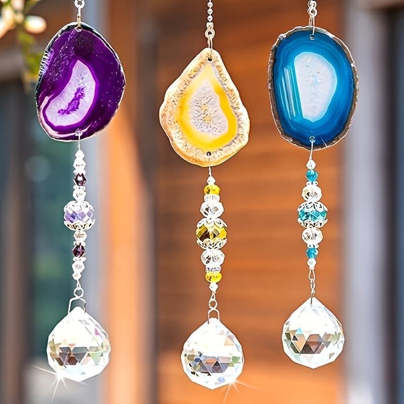 TEMU 3pcs Set Of Agate Garden Suncatchers With 30mm Crystal Ball Rainbow Prism Wind Chime, Suitable For Home And Garden Decoration, Perfect For Windows And Outdoor Spaces