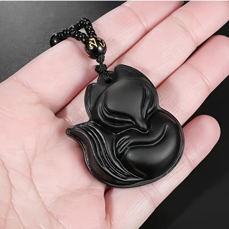 TEMU Vintage Exquisite Obsidian Fox Pendant Beaded Chain Necklace Charm Unisex Amulet Jewelry Gift