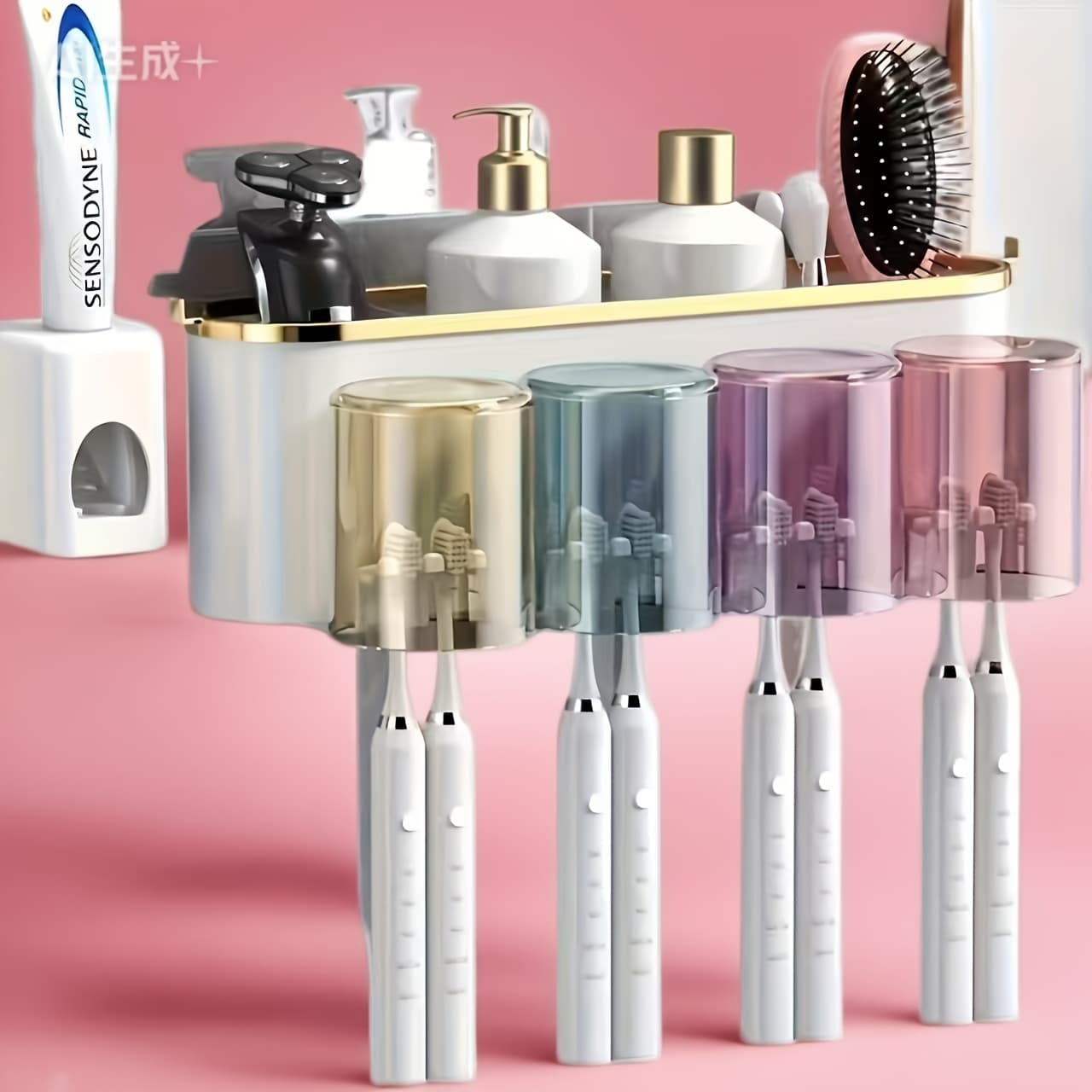 TEMU Contemporary Bathroom Storage Rack That Mounts On The Wall, Featuring A Gold-finished Shelf. This Durable Plastic Multifunctional Holder Is Designed For Toothbrushes, Toothpaste, And Mouthwash