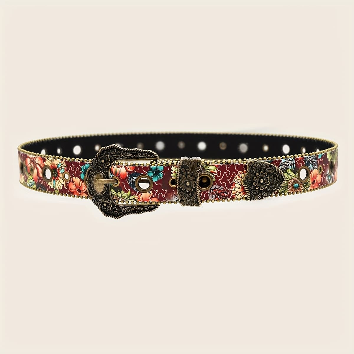 TEMU Vintage Floral Print Western Belt For Women, Boho Retro Bronze Studded Waist Belt, Fashion Statement Cowgirl Belt For Jeans Dresses