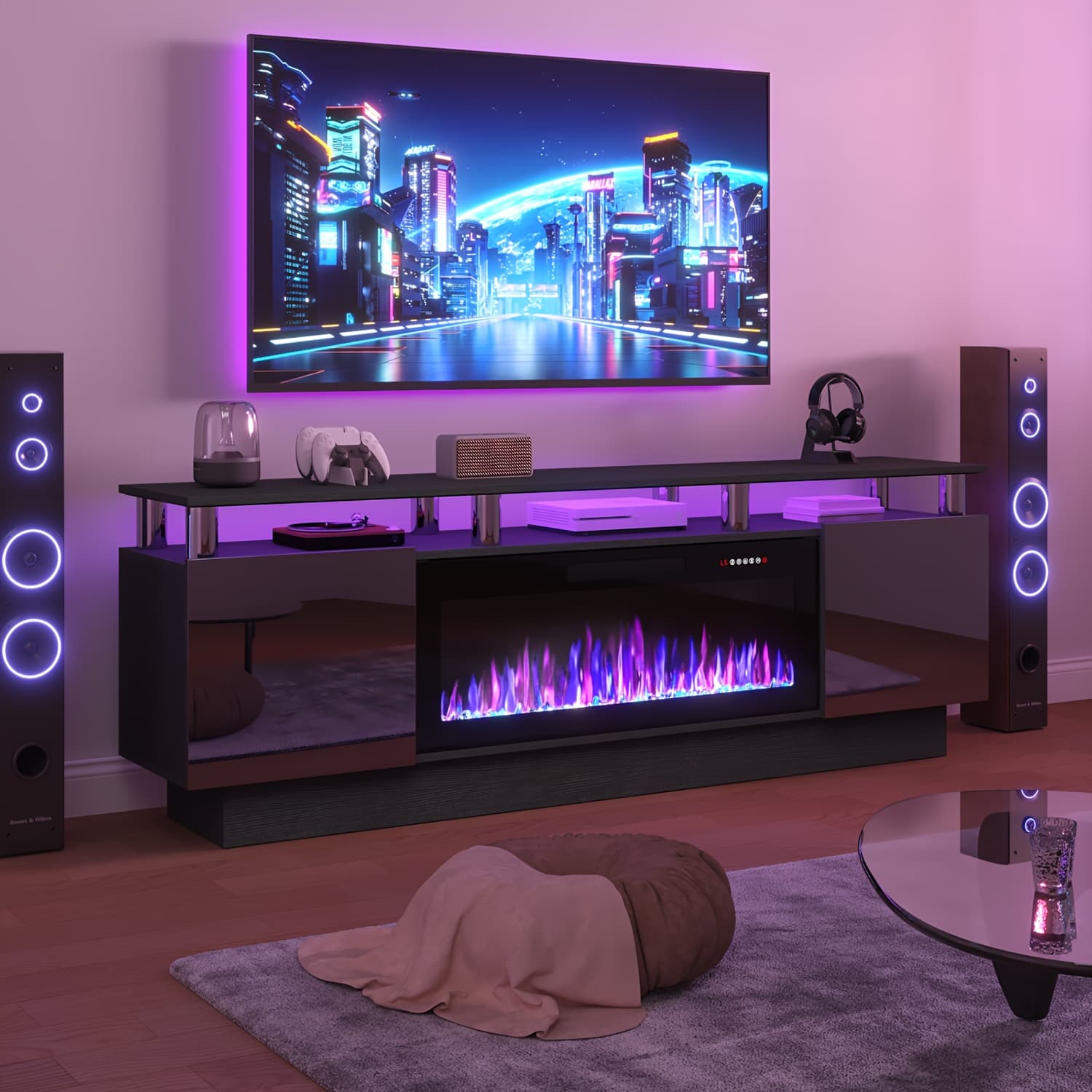 TEMU Fireplace Tv Stand With 36-inch Electric Fireplace, 70-inch Led Light Entertainment Center With High Gloss Cabinet, 2-tier Modern Wood Media For Living Room
