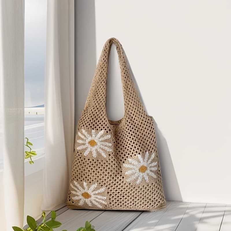 TEMU A Knitted Bag With Chrysanthemum Pattern, Featuring Partial Jacquard Chrysanthemum Weaving Craft, Women's Shoulder Bag, Made Of Polyester Material