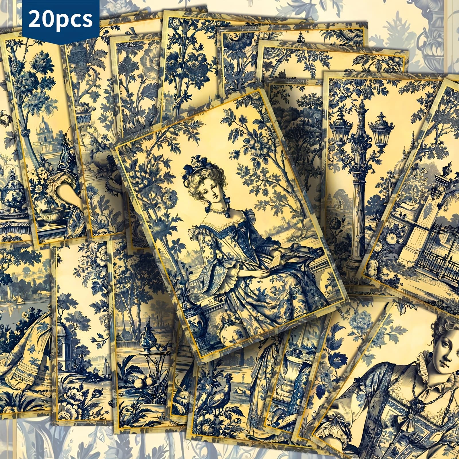 TEMU 20-pack Blue Lady Toile Postcards - 4x6 Inches Retro Junk Journal Paper, Classic Pinup Illustrations, Collectible Decorative Painting Cards For Scrapbooking & Crafting