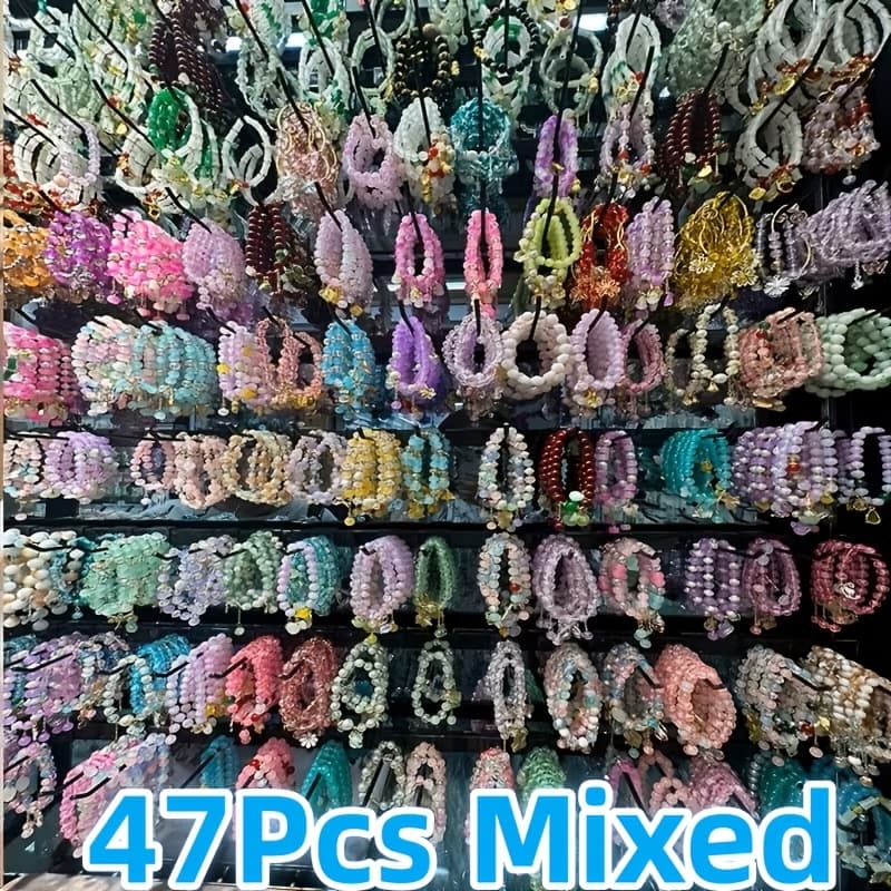 TEMU 47pcs Bead Stretch Bracelets Set - With Star Floral & Heart Pendant, Perfect For Daily Wear Casual Attire Party Jewelry Holiday Gifts