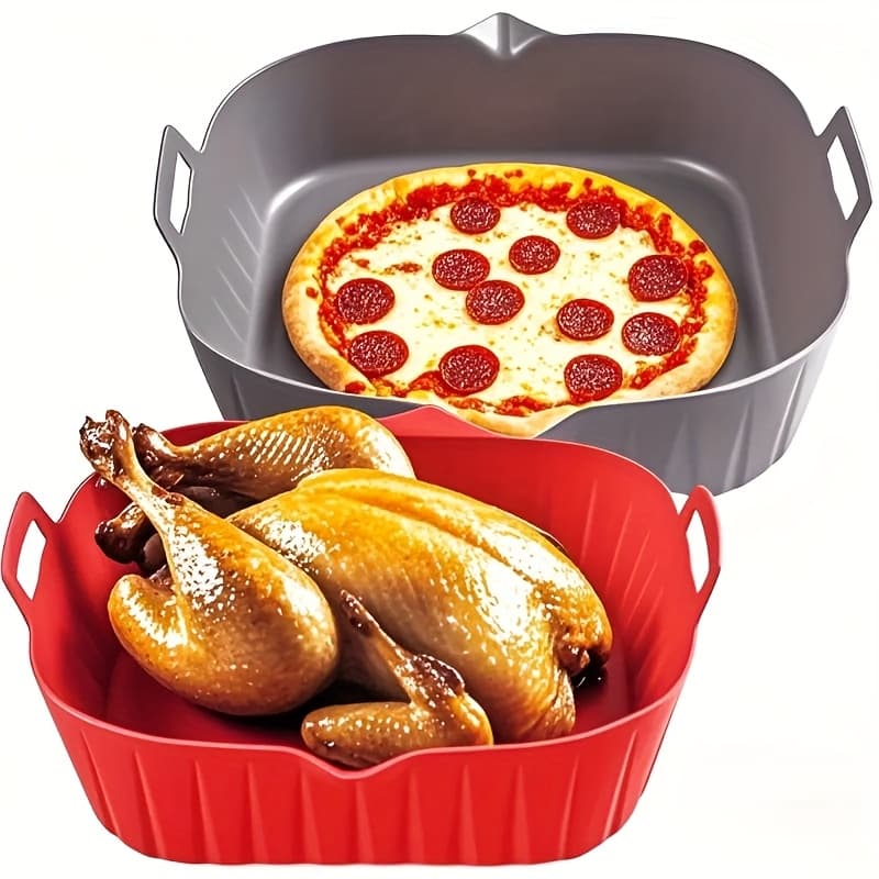 TEMU [silicone Air Fryer Liner] 2pcs Reusable Silicone Air Fryer Liner | 8 Inches Square/rotundity - Air Fryer Accessories For 4 To 7 Qt Ovens And Microwave (red+grey)