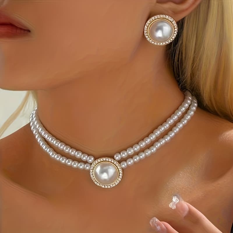 TEMU Fashion Women Jewelry, 2pcs Fashion Artificial Pearl Double-layer Round Bead Necklace And Stud Earrings Set, Bridal Gown Matching Jewelry Set