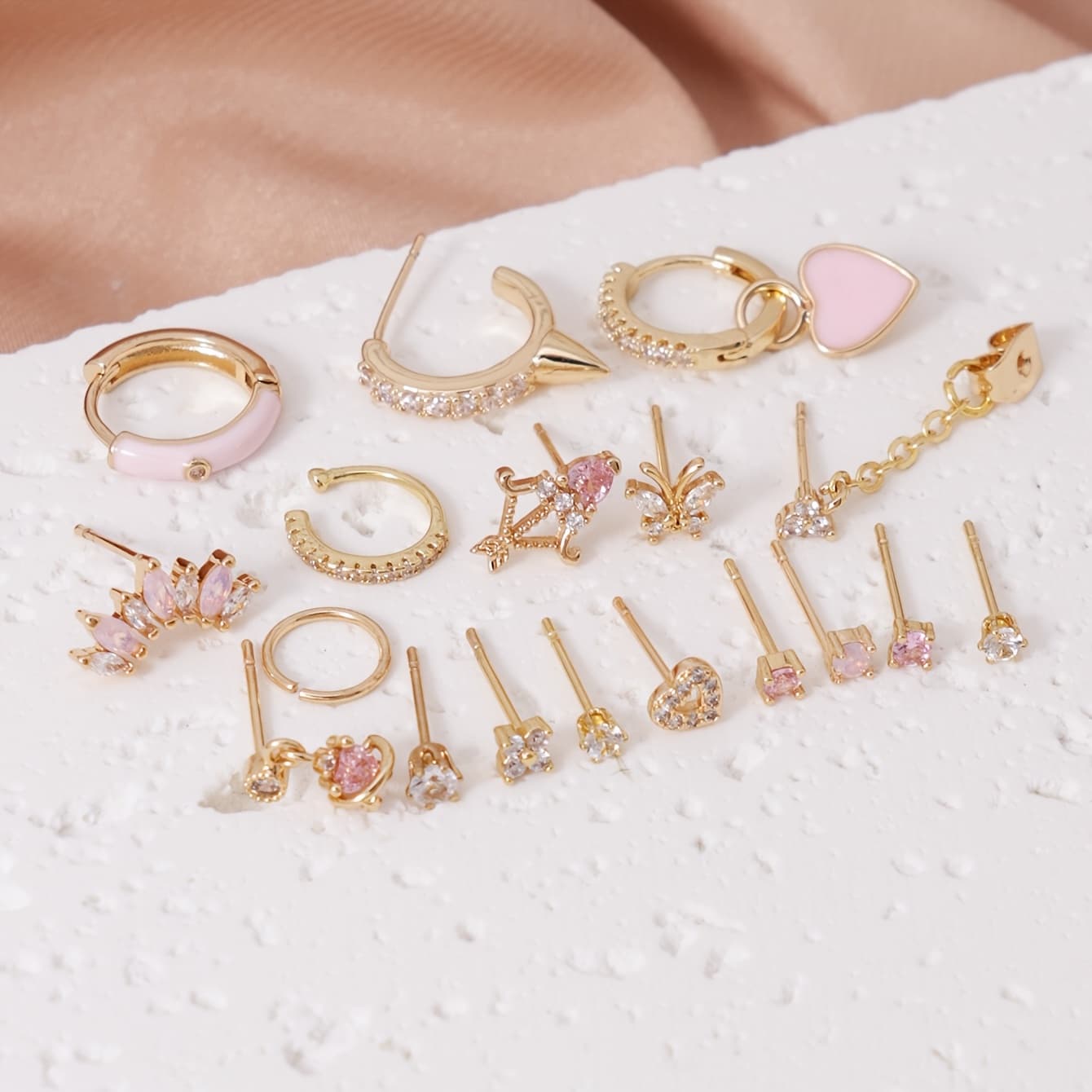 TEMU 18pcs Women's Fashion Stud Earrings, Exquisite Sweet Pink Synthetic Synthetic Zirconia Heart, , Flower Designs For Multiple Layering Pierced Earrings, Party Wedding Jewelry Gift