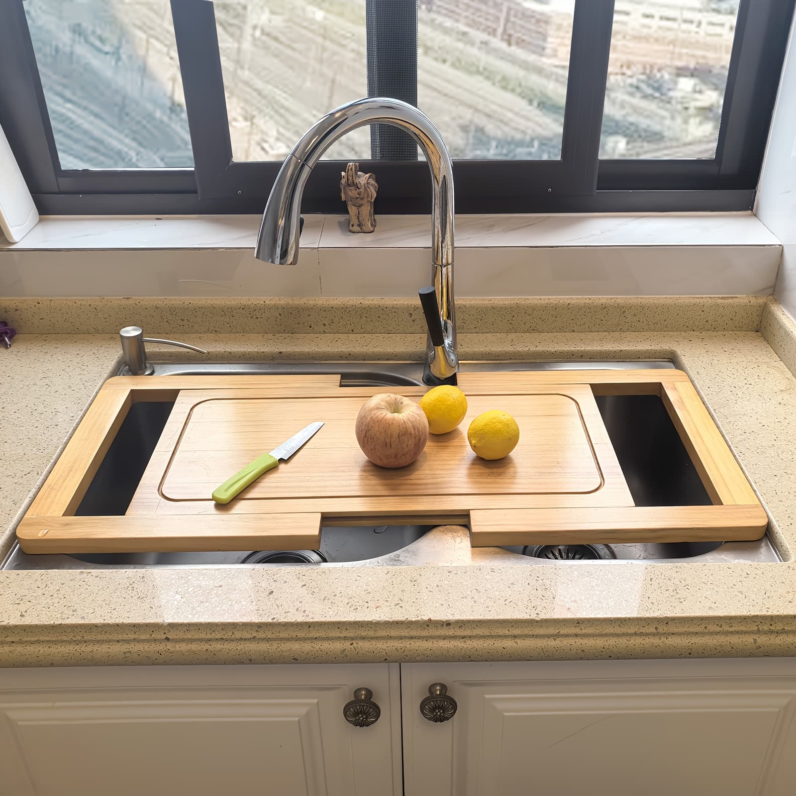 TEMU Expandable Wooden Over The Sink Cutting Board With Juice For Kitchen, Wood Kitchen Sink Cover Chooping Board For Counter Space
