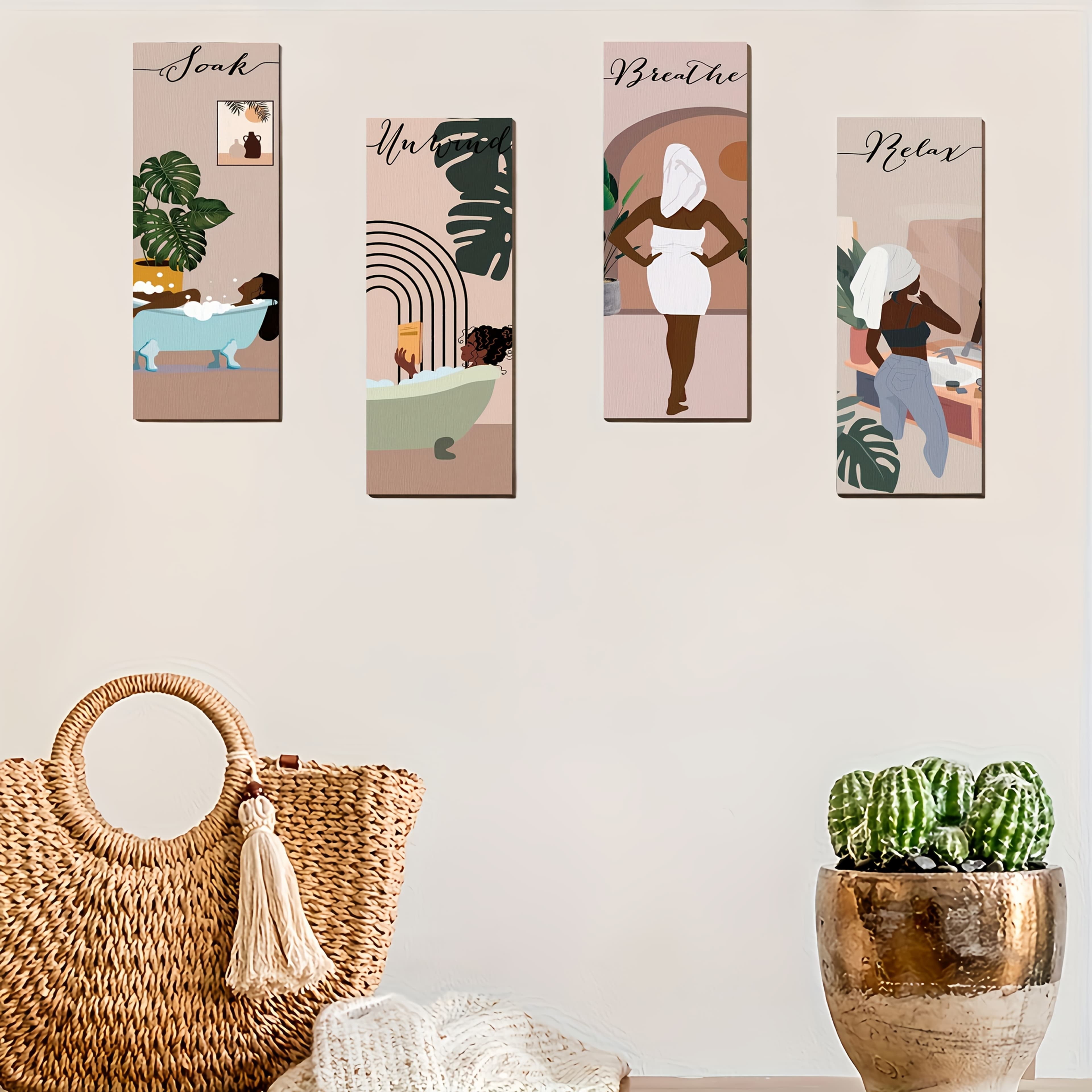 TEMU 4pcs Relaxation Bath Decor Wall Art, Abstract Bohemian Style Wooden Wall Hanging Plaque, Medieval Minimalist Plant Country Style Bathroom Wood Signs