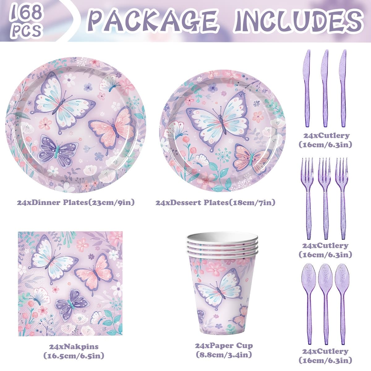 TEMU 168pcs Purple Party Supplies, Birthday Party Decorations, Including Plates, Napkins, Cups, Knives, Forks, And Spoons, Serves 24 Guests