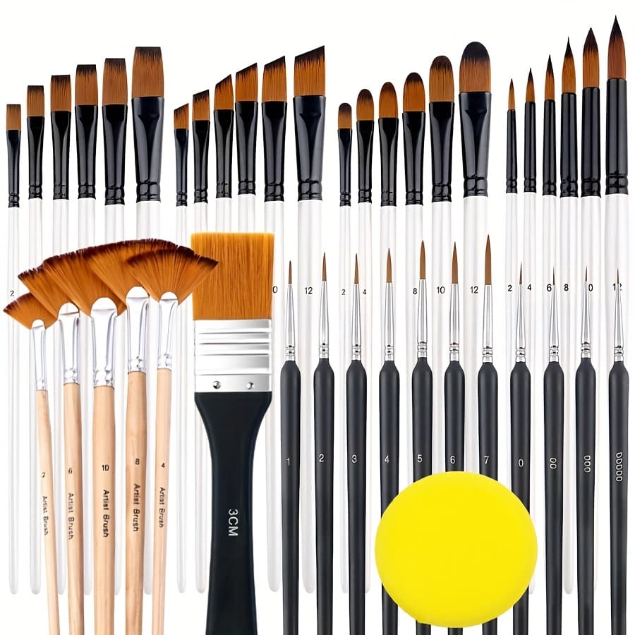TEMU 42pcs Paint Brushes Set For Artists And Beginners, Suit For Acrylic Painting, Watercolor, Oil, Gouache, Brush Tip Flat, Round, Angle, , Fan, Detail Brushes.