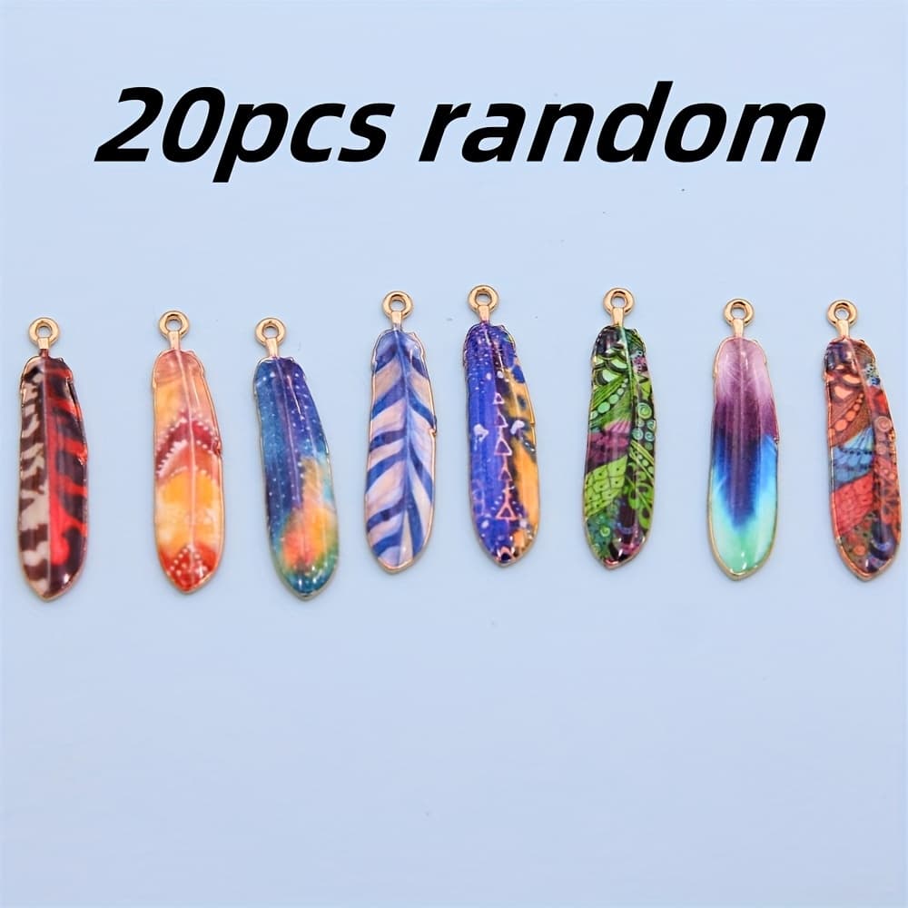 TEMU 20pcs Bohemian Style Alloy Feather Pendant, Vivid Colorful Feather Pendant, Suitable For Making Necklaces, Earrings, Keychains, And Women's Bag Accessories, With Random Colors