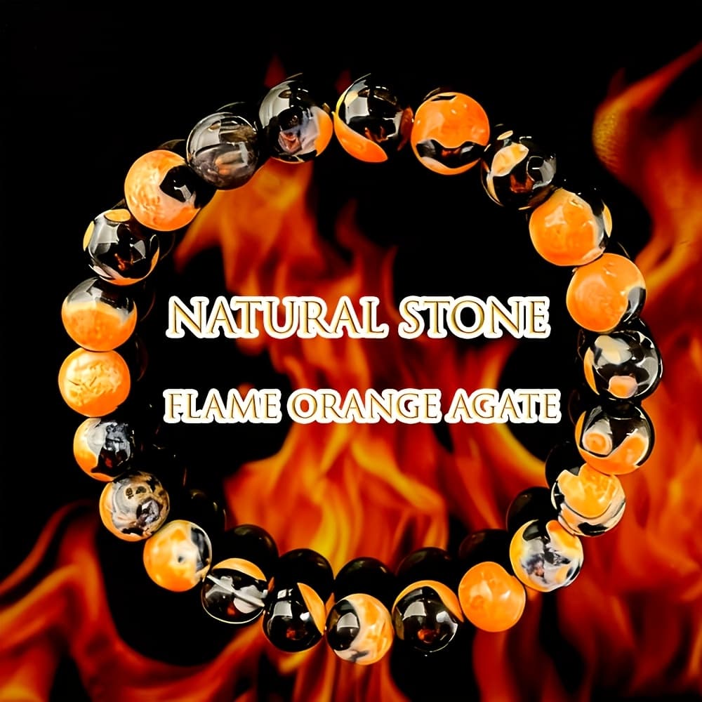 TEMU 1pc Natural Flame Agate Bracelet - Bohemian Marble Pattern Beads, Handmade Elastic Stretch Cord, Smooth Jewelry, Unisex, Suitable For Daily Wear, Meditation, Spiritual Gift. Marble Texture,