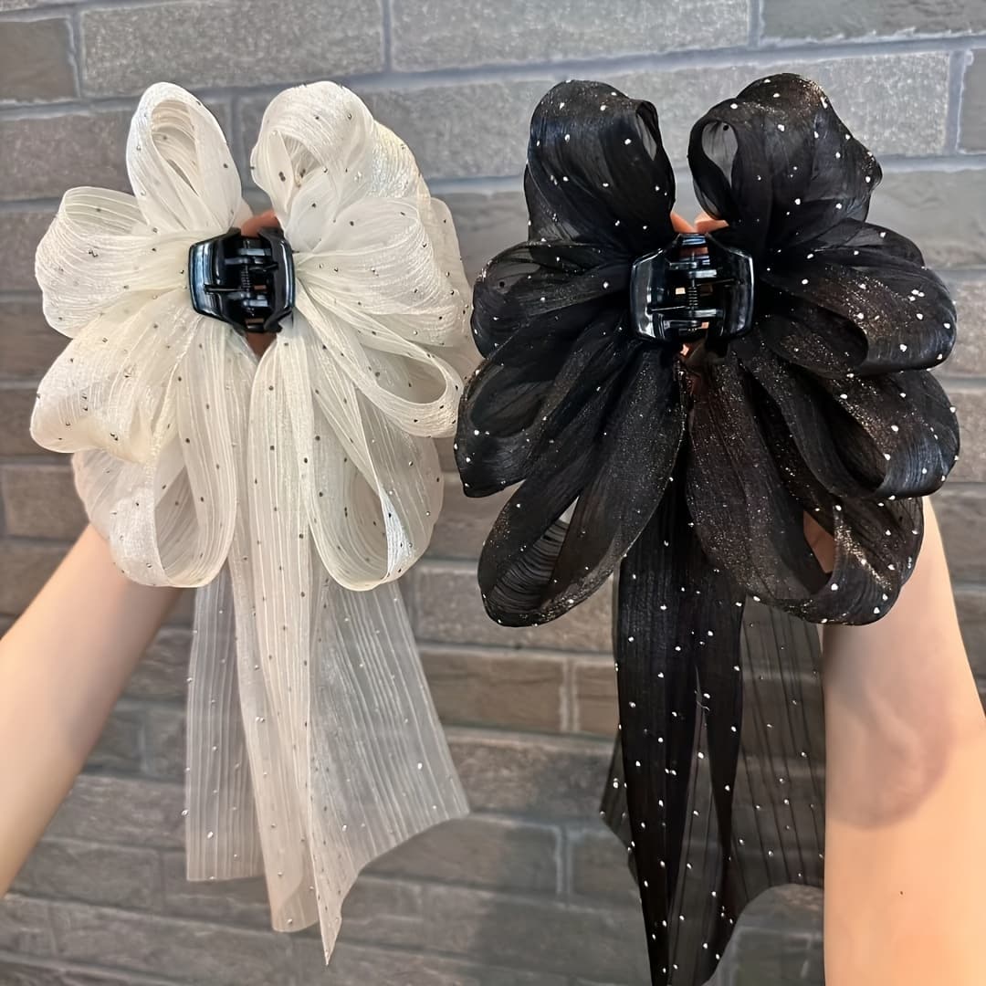 TEMU 2-pack New Elegant Vintage High-end Multifunctional Hair Claw, Double-layer Bow Clip, Claw, Women's Casual Hair Accessory, Prop Black And White