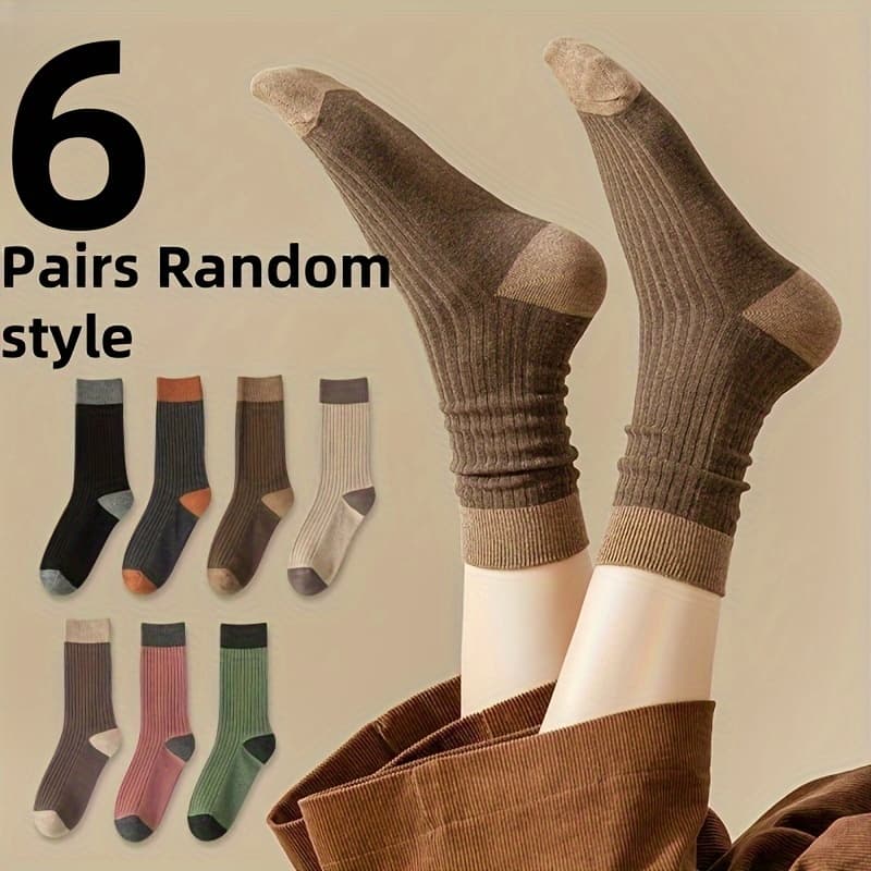TEMU 6 Pairs Of Random Color-block Women's Mid-calf Socks, Soft, Comfortable And Versatile For Autumn And Winter