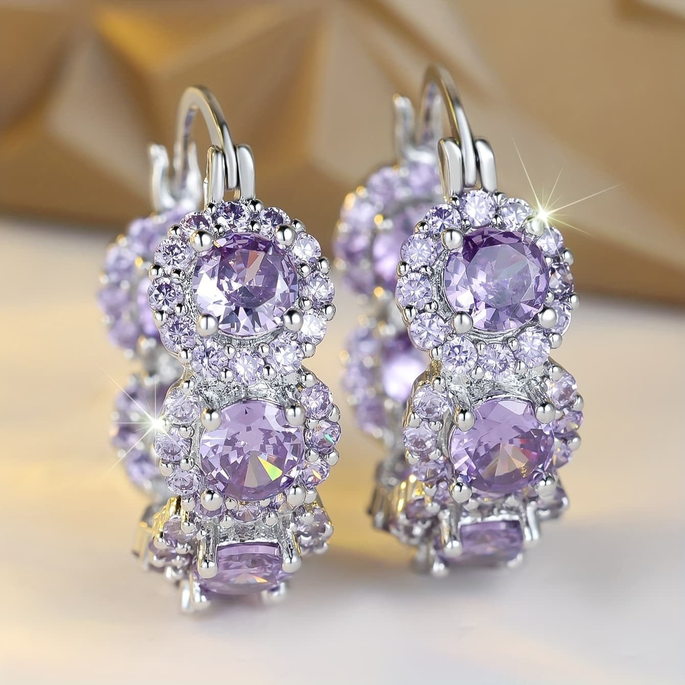 TEMU A Pair Of Elegant And Luxurious Purple Synthetic Zirconia Earrings Suitable For Parties, Weddings, And Everyday Wear