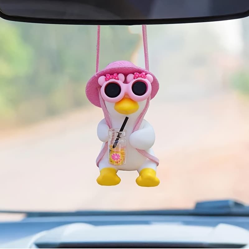 TEMU Cute Swinging Duck Car Ornament, Rearview Mirror Pendant, Vehicle Hanging Accessory, Automotive Interior Gift Suitable For Women, Men, And Children (pink Hat Version)