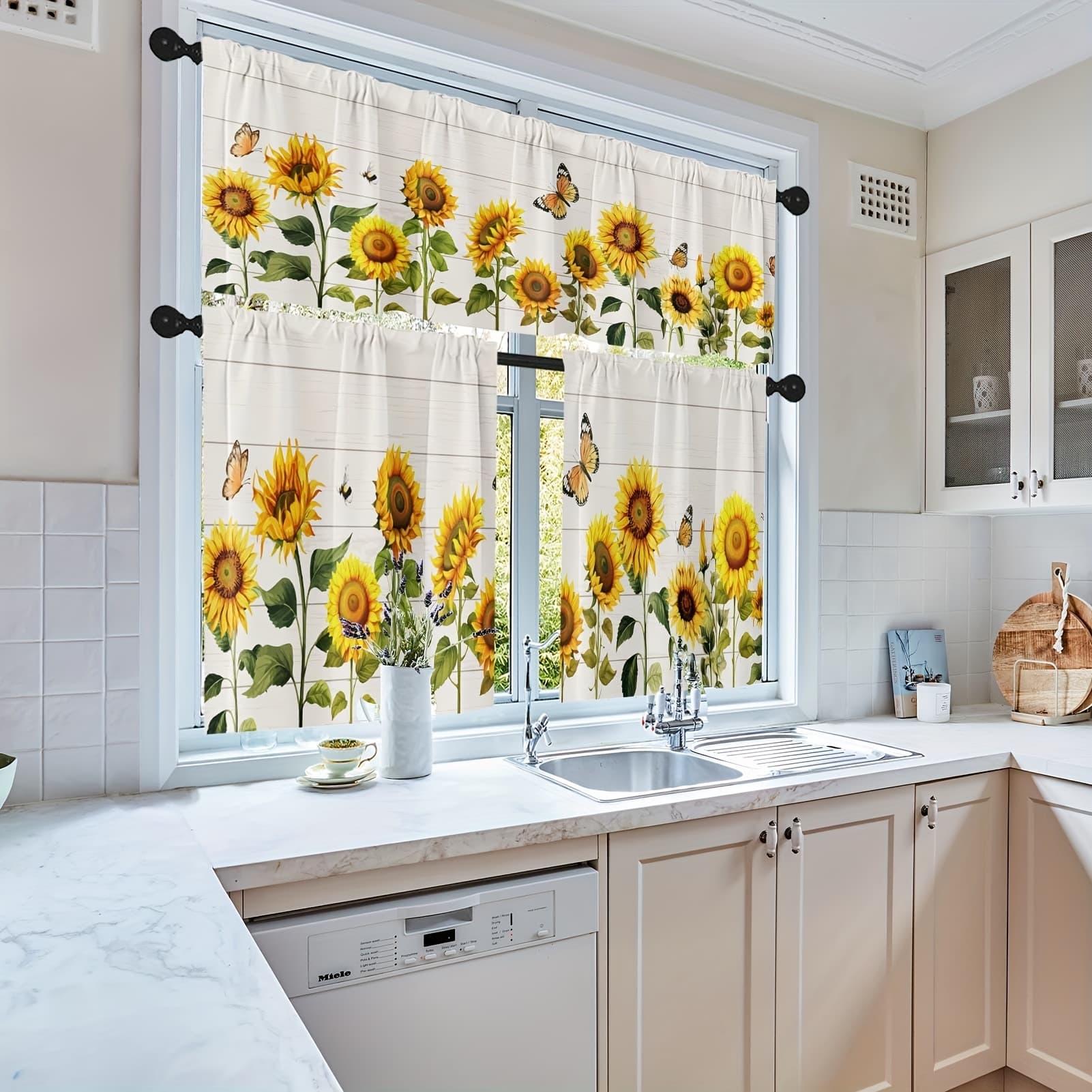 TEMU 3pcs Sunflower Kitchen Window Curtains Valance And Tier Set 36 Inch, Spring Summer 3pcs Set Short Curtains For Window Treatment Tiers For Living Room Bedroom