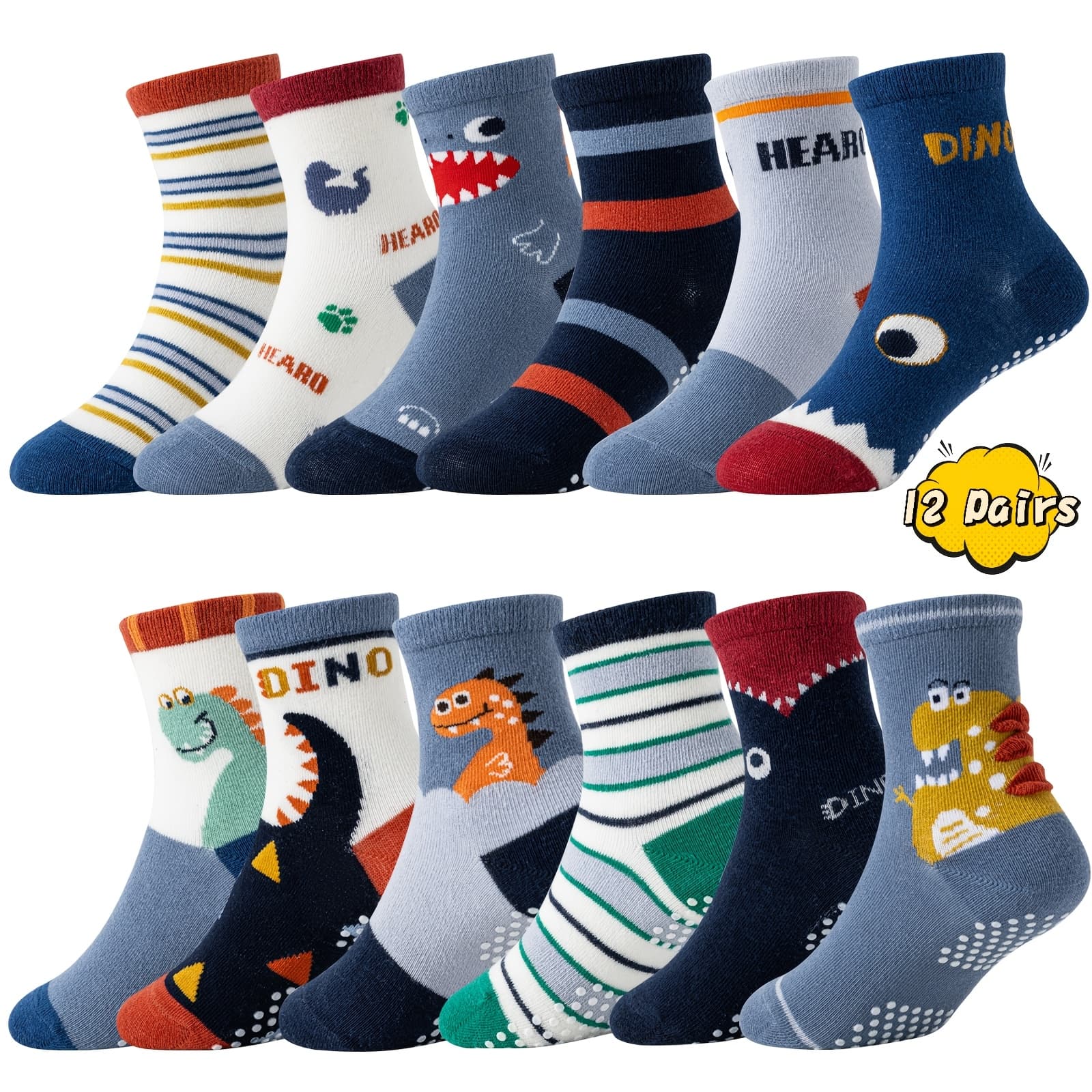 TEMU 12/24 Pairs Of Baby Boys Grip Socks Kids Toddlers Infants Non-slip/ Crew Socks