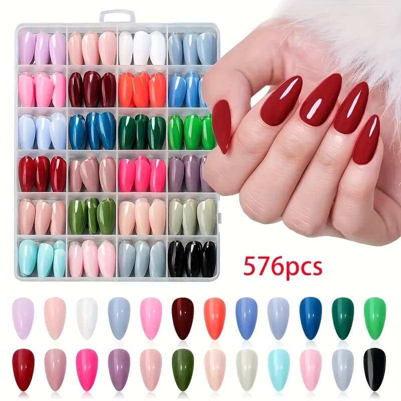 TEMU 576pcs A Box Set Of 24 Colors Almond-shaped Fake Nails, Suitable As A Gift For Women And