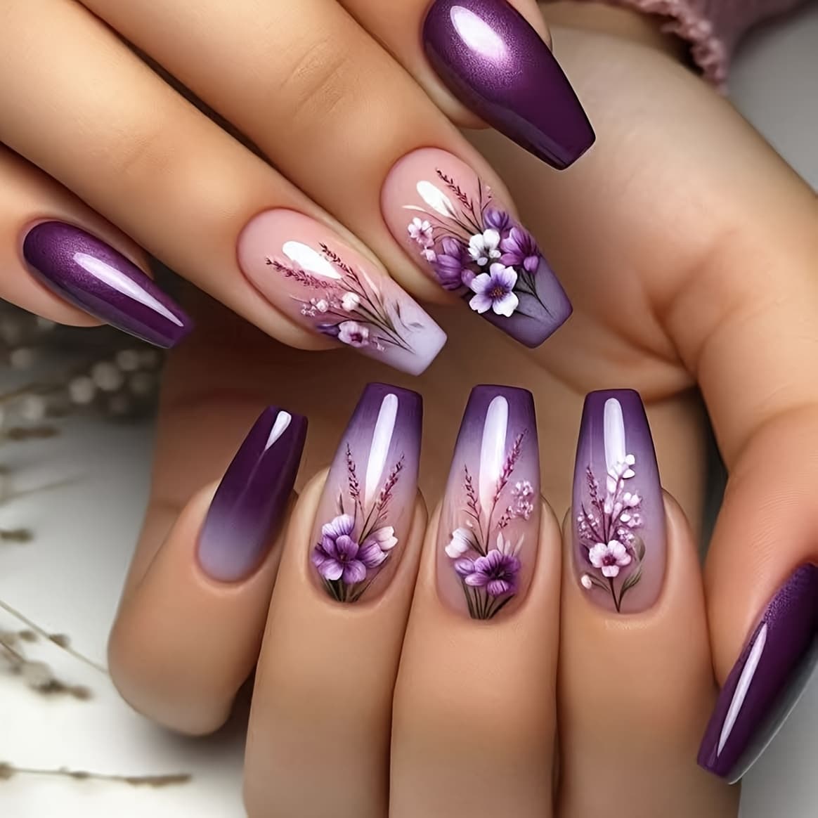 TEMU 's Manicure Features A Medium-length Ballet Style In Shades Of Purple, With A Glossy Design Of Purple Gradient Flowers And Patterns
