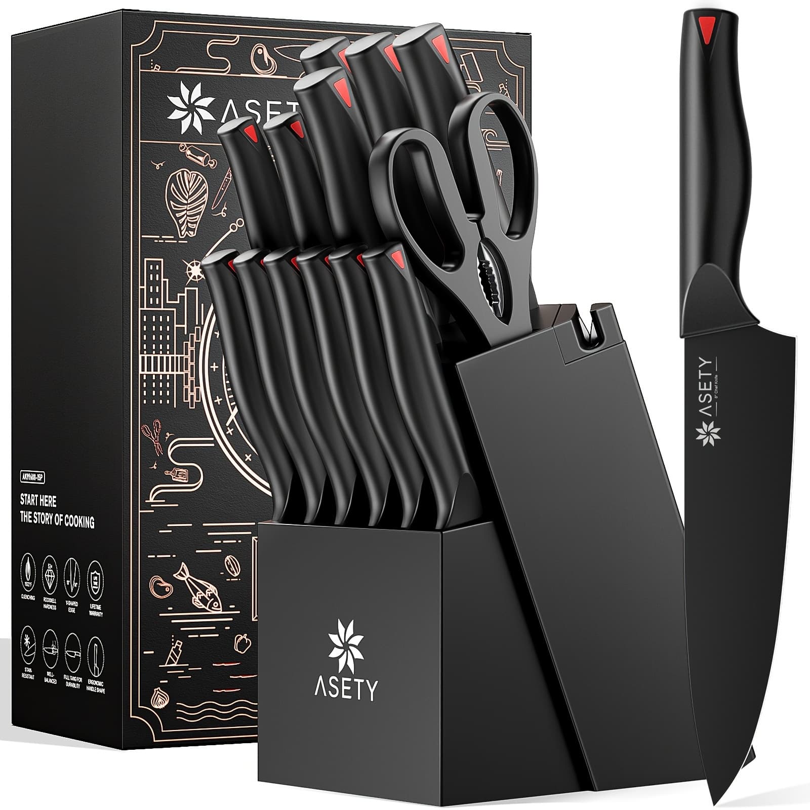 TEMU Asety Knife Set, 15 Pcs Kitchen Knife Set With -in Sharpener Block, High Carbon Stainless Steel Knife Block Set, Nsf , Dishwasher Sets For Kitchen, Black, Gift Box