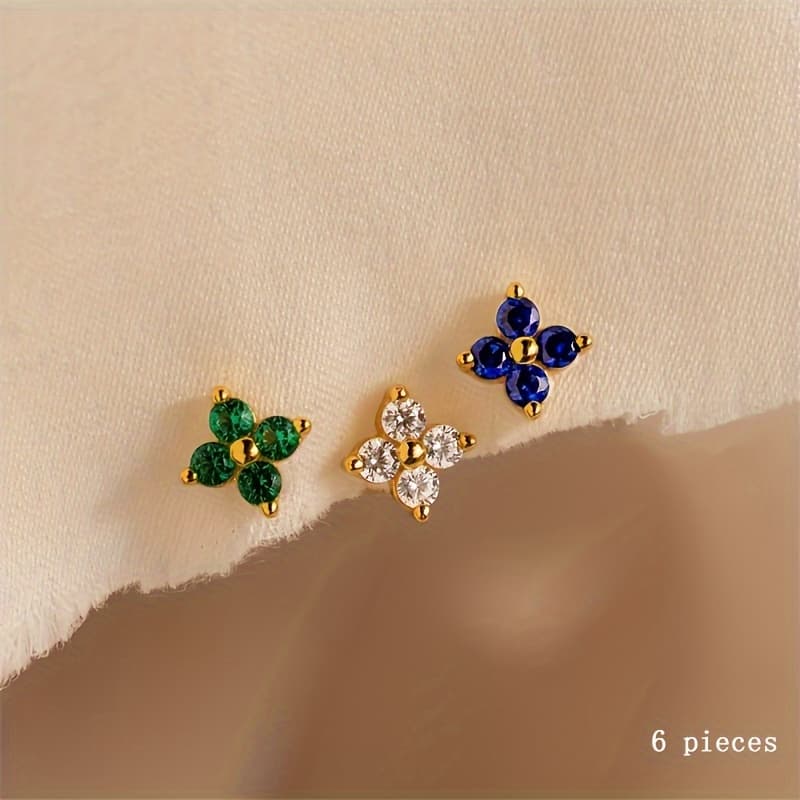TEMU 6pcs Bohemian Vintage Flower Synthetic Zirconia Earring Set For Women, Small And Exquisite, Colorful Earrings, Personalized, Easy And Versatile, Suitable For Daily Banquets, Gifts And Wearing