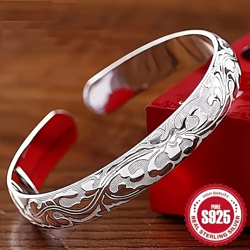 TEMU 1pc S925 Sterling Silvery Fashion Retro Floral Pattern Ten Grams Open Bracelet Versatileand Easy-to-wear Fit Original Charms Dly Jewelry Gift